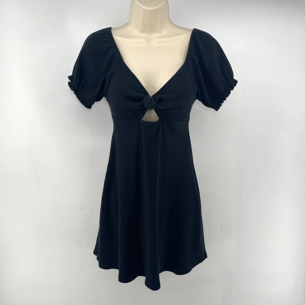 American Eagle Babydoll‎ Mini Dress M Ribbed Milkmaid Cut Out Black Puff Sleeves